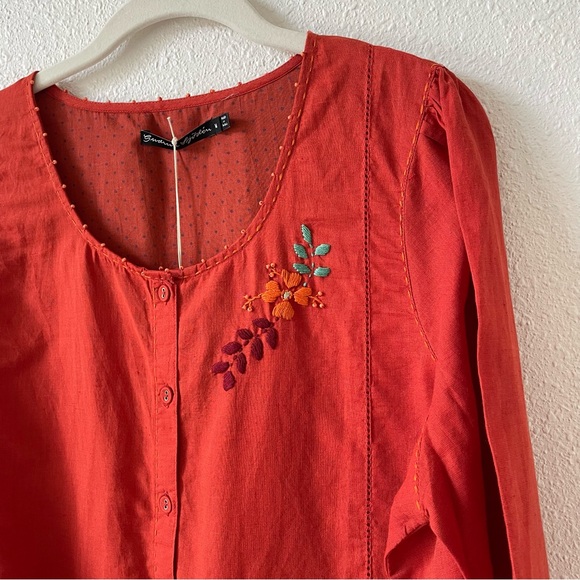 Gudrun Sjoden Shimla Artist Blouse Cotton Linen Red Size Medium Embroidered Bead - Picture 4 of 11